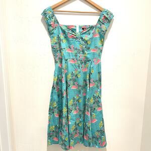 Lady Vintage Pinup Tropical Flamingo Dress Womens 12 Blue Retro Cap Sleeve